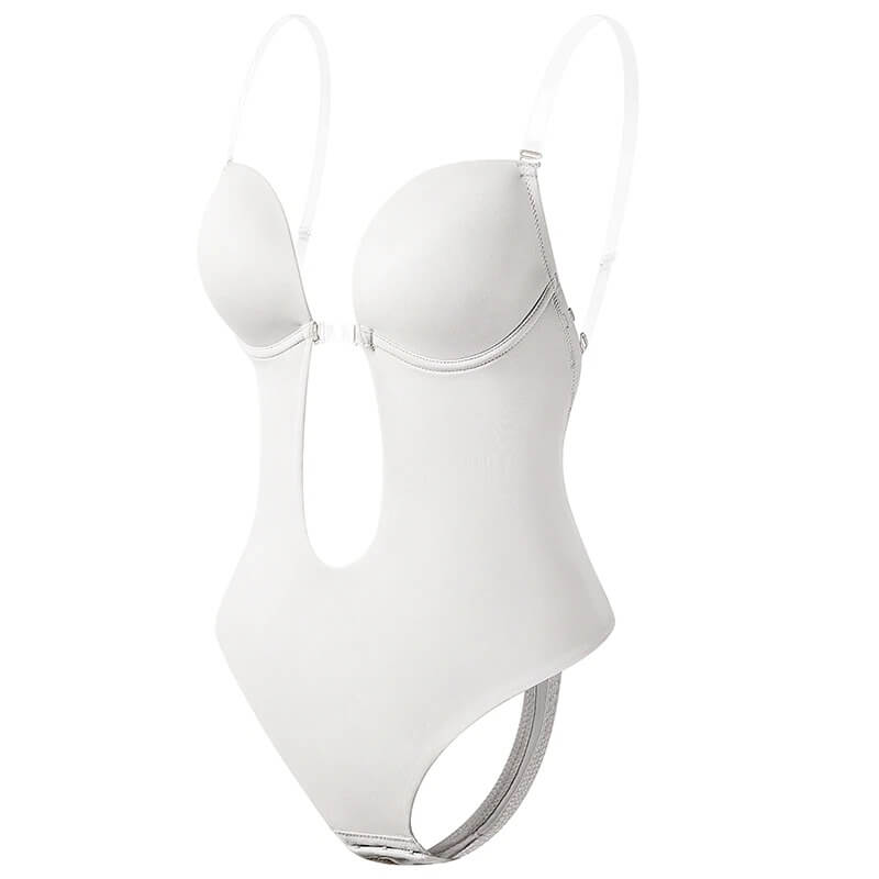 Body shaper bianco senza schienale, design a bustier con spalline regolabili, ideale per abiti scollati. Intimo modellante donna, elegante e confortevole.
