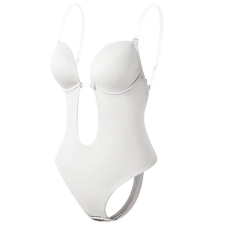 Body shaper bianco senza schienale, design a bustier con spalline regolabili, ideale per abiti scollati. Intimo modellante donna, elegante e confortevole.