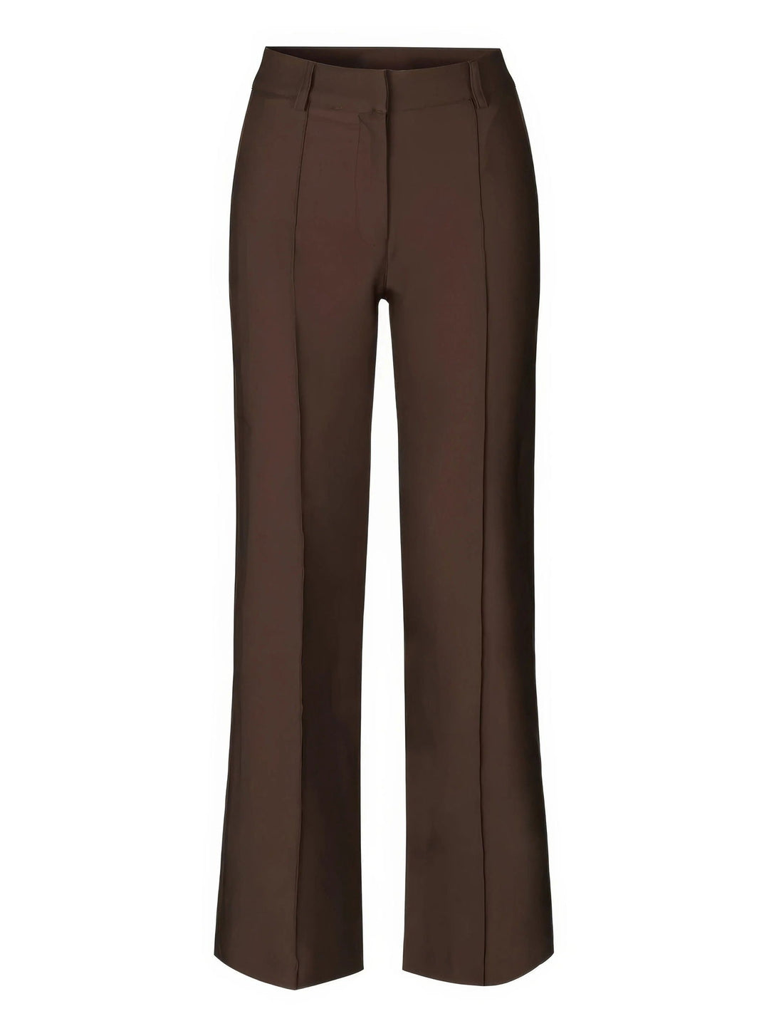 Pantaloni eleganti marroni da donna, taglio dritto, vita alta, tessuto leggero. Ideali per ufficio e occasioni formali. Moda femminile autunno.