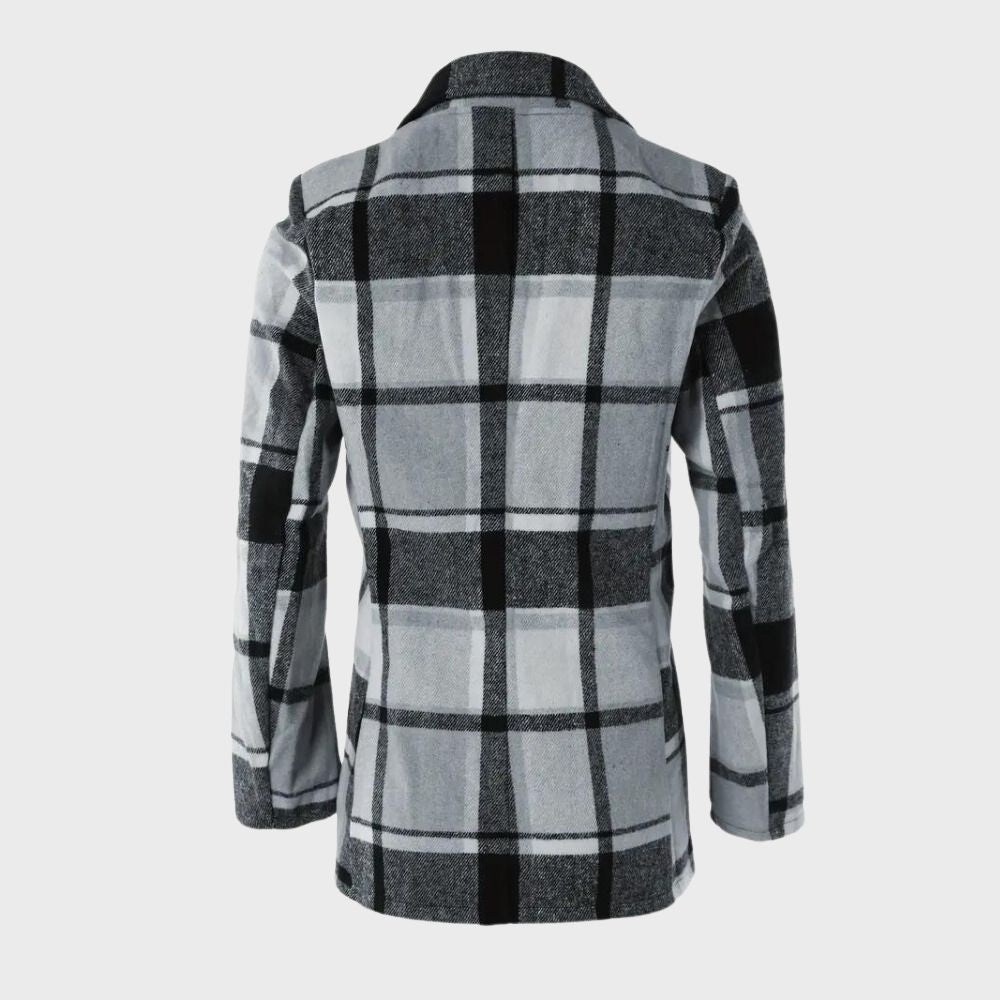 Cappotto a quadri grigio e nero da uomo, elegante e moderno, ideale per l'inverno. Design a scacchi, tessuto caldo e confortevole.