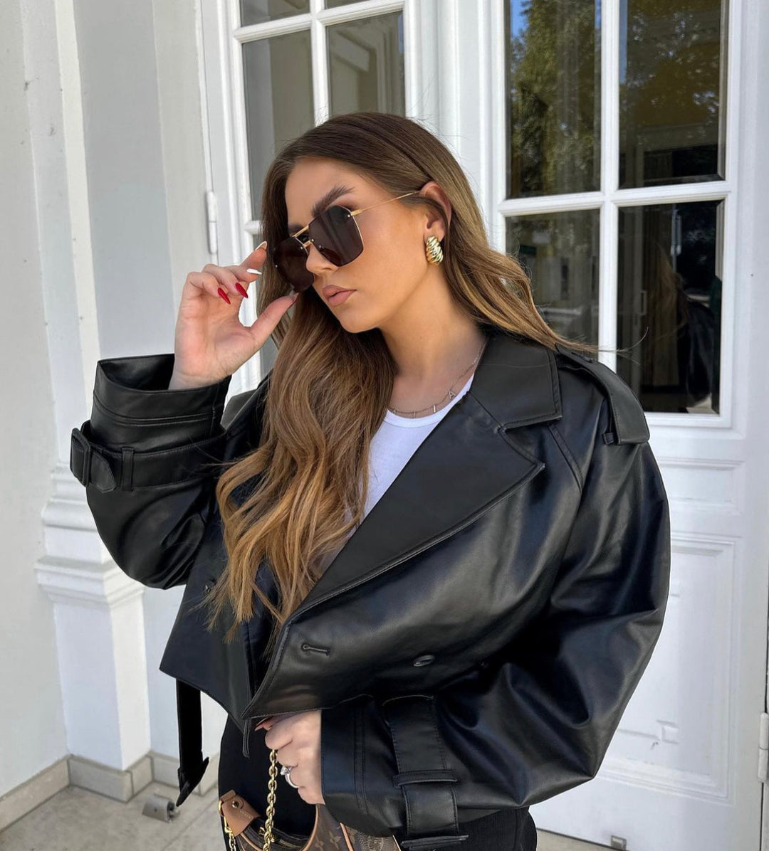 Giacca Donna Cropped Finta Pelle Stile Trench Moderno