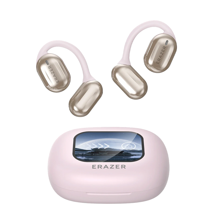Auricolari wireless rosa con custodia di ricarica, design ergonomico, marchio Erazer, tecnologia Bluetooth avanzata, display digitale.