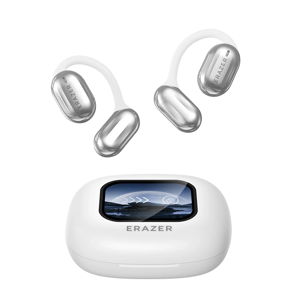 Auricolari wireless bianchi con custodia di ricarica, display digitale, design ergonomico, marchio ERAZER. Accessori audio moderni e portatili.