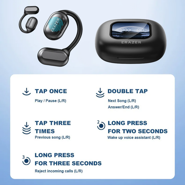 Auricolari wireless neri con custodia di ricarica, controlli touch per riproduzione musicale, assistente vocale e gestione chiamate.