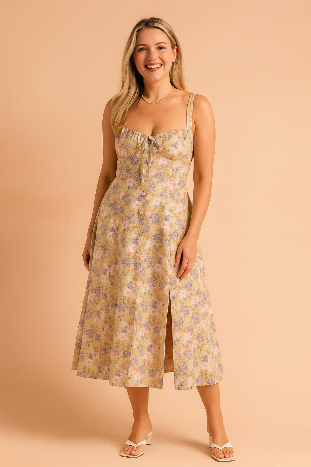 Abito Midi Donna Floreale Spacco e Volant Sul Seno - Vesarelli