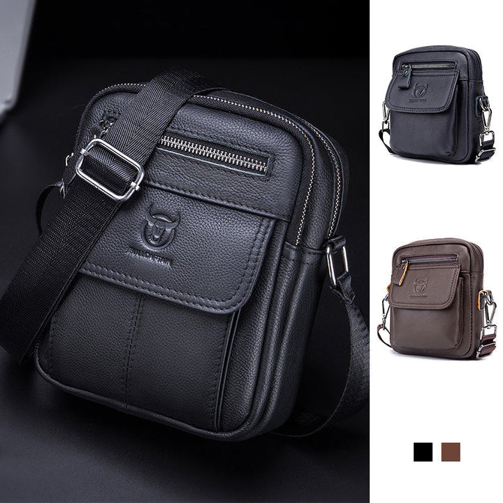 Borsa a tracolla in pelle nera da uomo con tasche multiple e cerniere, design elegante e pratico. Disponibile anche in marrone e blu.