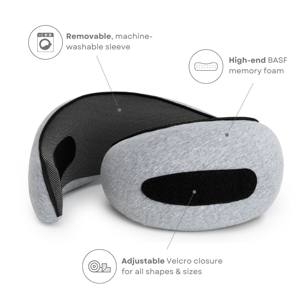 Cuscino da viaggio in schiuma memory BASF, grigio, con fodera lavabile e chiusura in velcro regolabile. Comfort ergonomico per viaggiatori.