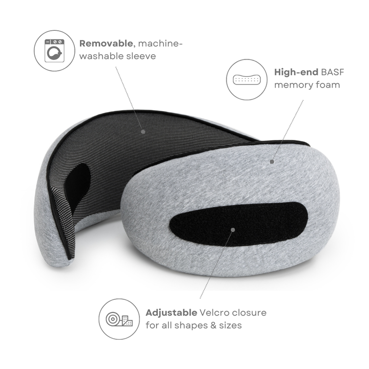 Cuscino da viaggio in schiuma memory BASF, grigio, con fodera lavabile e chiusura in velcro regolabile. Comfort ergonomico per viaggiatori.
