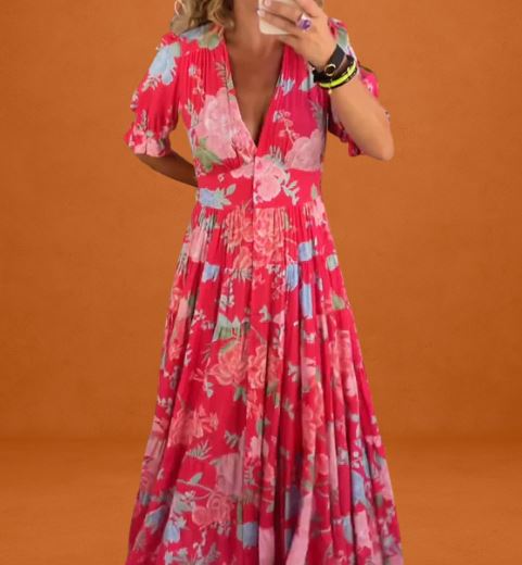 Abito Lungo Donna Scollo a V Tessuto Fluido Floreale - Vesarelli