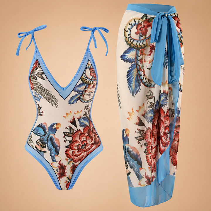 Set Spiaggia Donna Tessuto Leggero Motivo Floreale e Uccelli