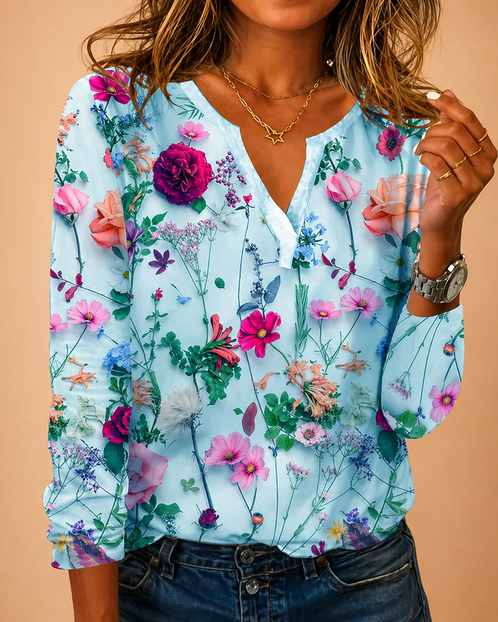 Blusa Donna Stampa Floreale Scollo a V Maniche Lunghe