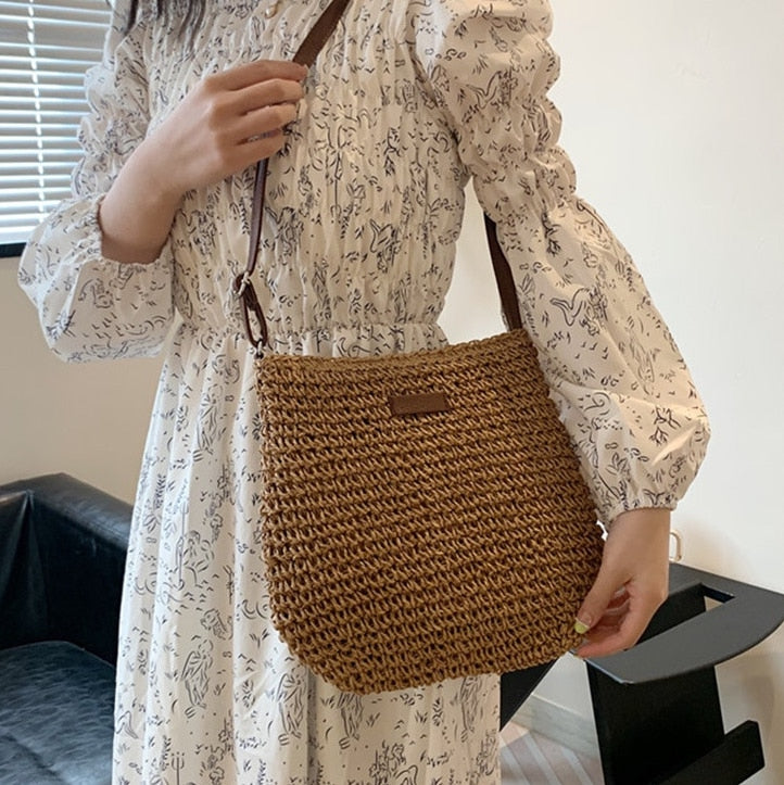 Borsa Tracolla Donna in Paglia Intrecciata Fatto a Mano Casual