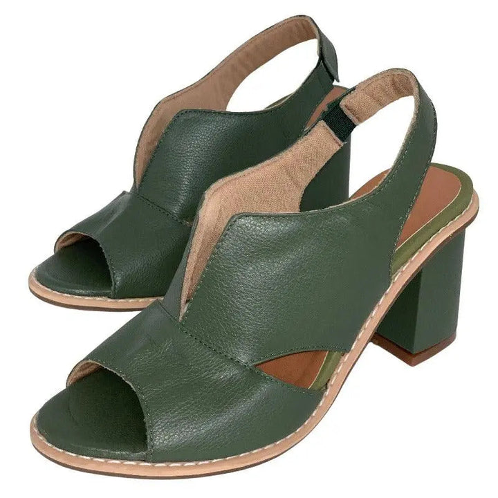 Sandali donna in pelle verde, tacco largo, design aperto, cinturino posteriore elastico. Scarpe estive eleganti, comode e alla moda.