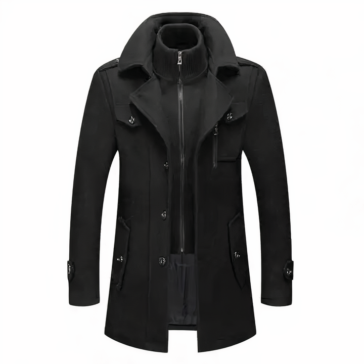 Cappotto uomo nero elegante, lungo, con colletto alto e chiusura a bottoni, tasche frontali, ideale per moda invernale e look formale.