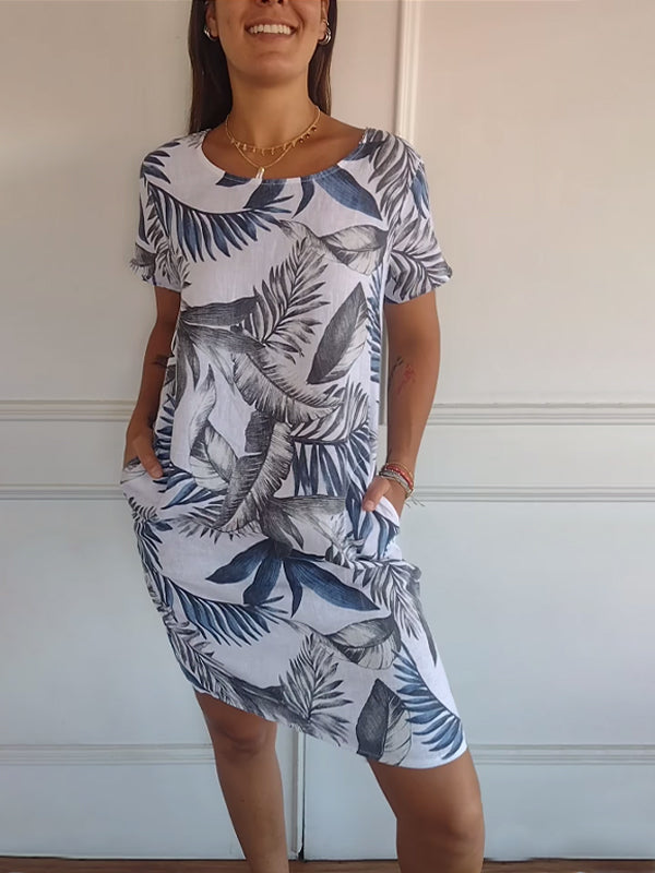 Gavina | Donna Abito Estivo Casual Con Stampa Foglie Bianco 2
