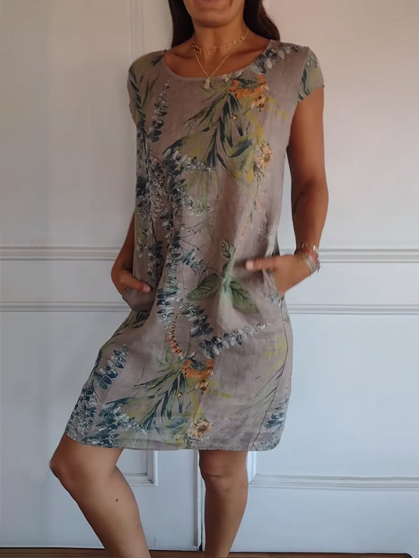 Gavina | Donna Abito Estivo Casual Con Stampa Foglie Marrone
