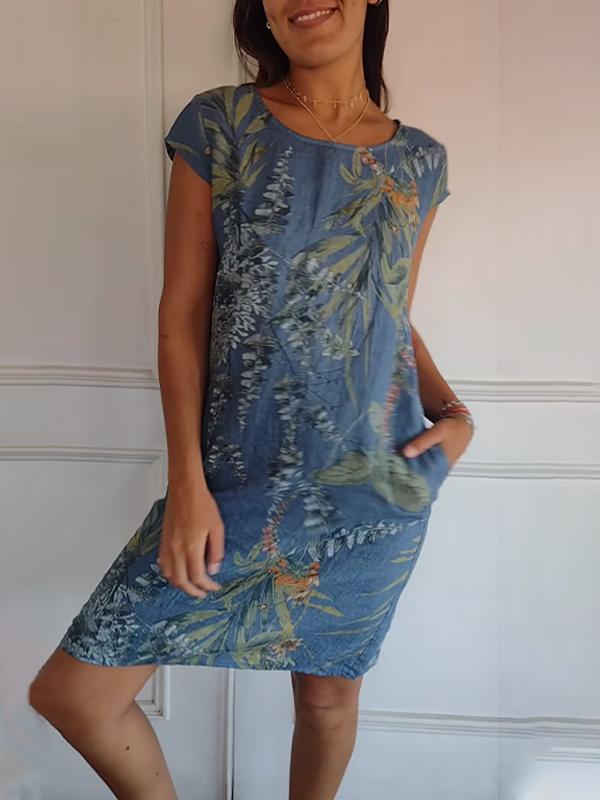 Gavina | Donna Abito Estivo Casual Con Stampa Foglie Blu