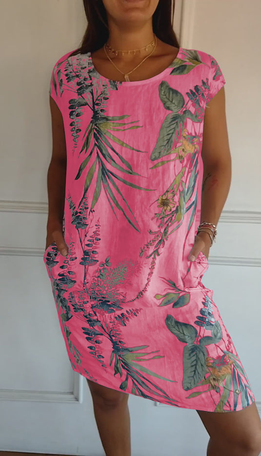 Gavina | Donna Abito Estivo Casual Con Stampa Foglie Rosa