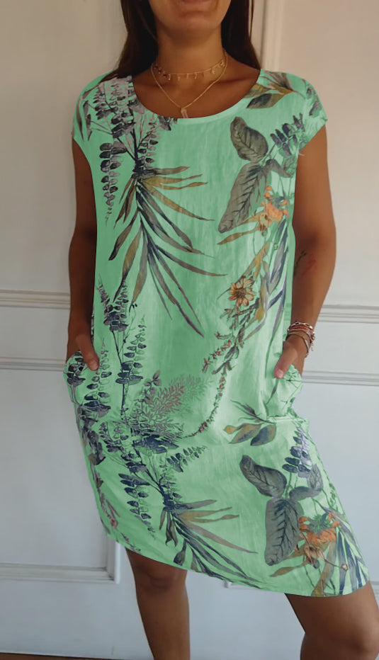Gavina | Donna Abito Estivo Casual Con Stampa Foglie Verde