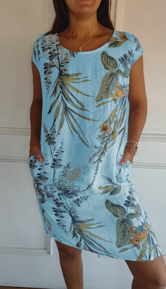 Gavina | Donna Abito Estivo Casual Con Stampa Foglie Blu Chiaro