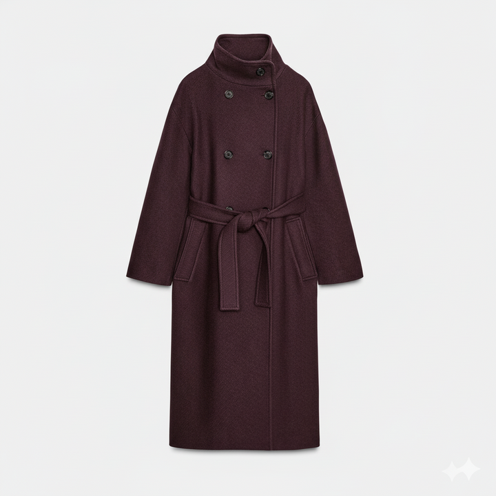 Cappotto Donna Lana Doppiopetto con Cintura Stile Elegante Invernale