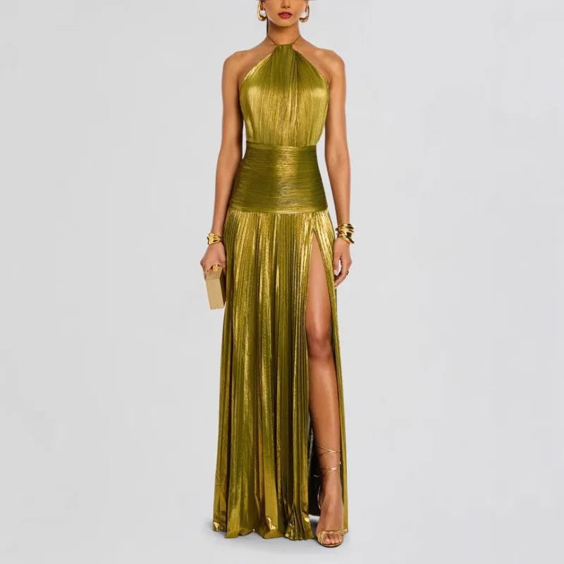 Abito Maxi Donna Plissettato Halter Spacco Alto - Vesarelli
