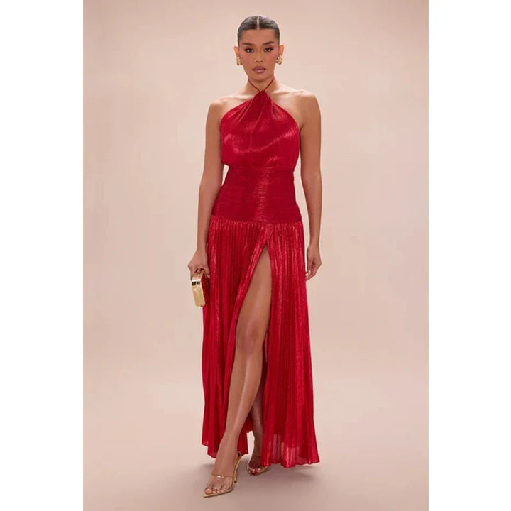Giselle | Abito Lungo Donna Halter Plissettato Spacco Alto 11