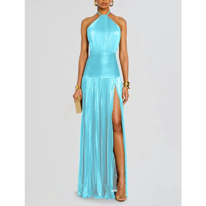 Giselle | Abito Lungo Donna Halter Plissettato Spacco Alto 13