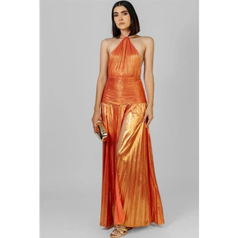 Giselle | Abito Lungo Donna Halter Plissettato Spacco Alto 15