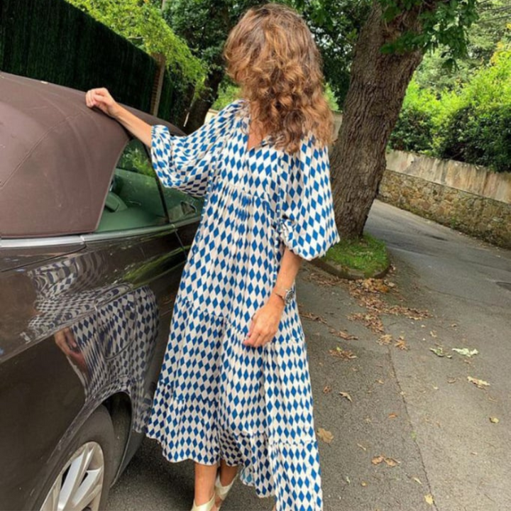 Giulia | Maxi Abito Boho Chic – Stampa Geometrica, Maniche a Sbuffo &amp; Scollo a V Femminile 10