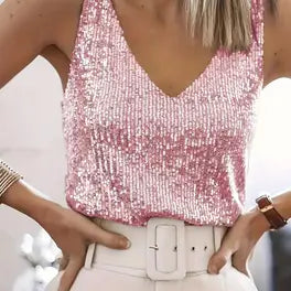Donna Paillettes Scollo a V Senza Maniche Elegante