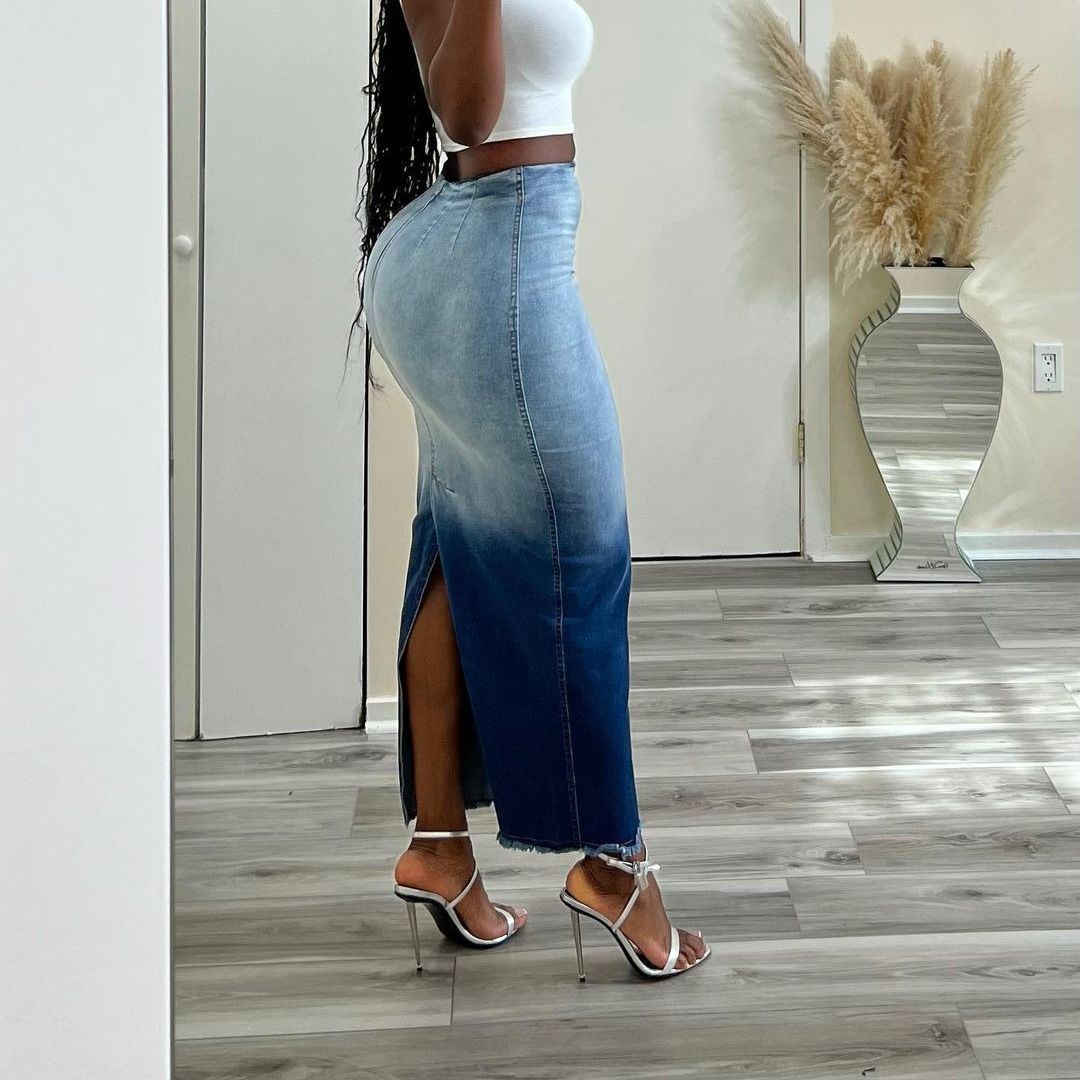 Gonfi | Gonna Di Jeans Media Con Spacco Laterale