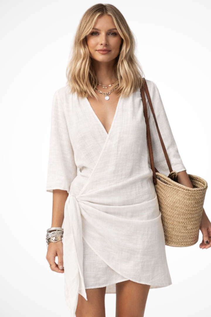 Abito Mini Donna a Portafoglio con Cintura Manica Corta Casual Chic - Vesarelli