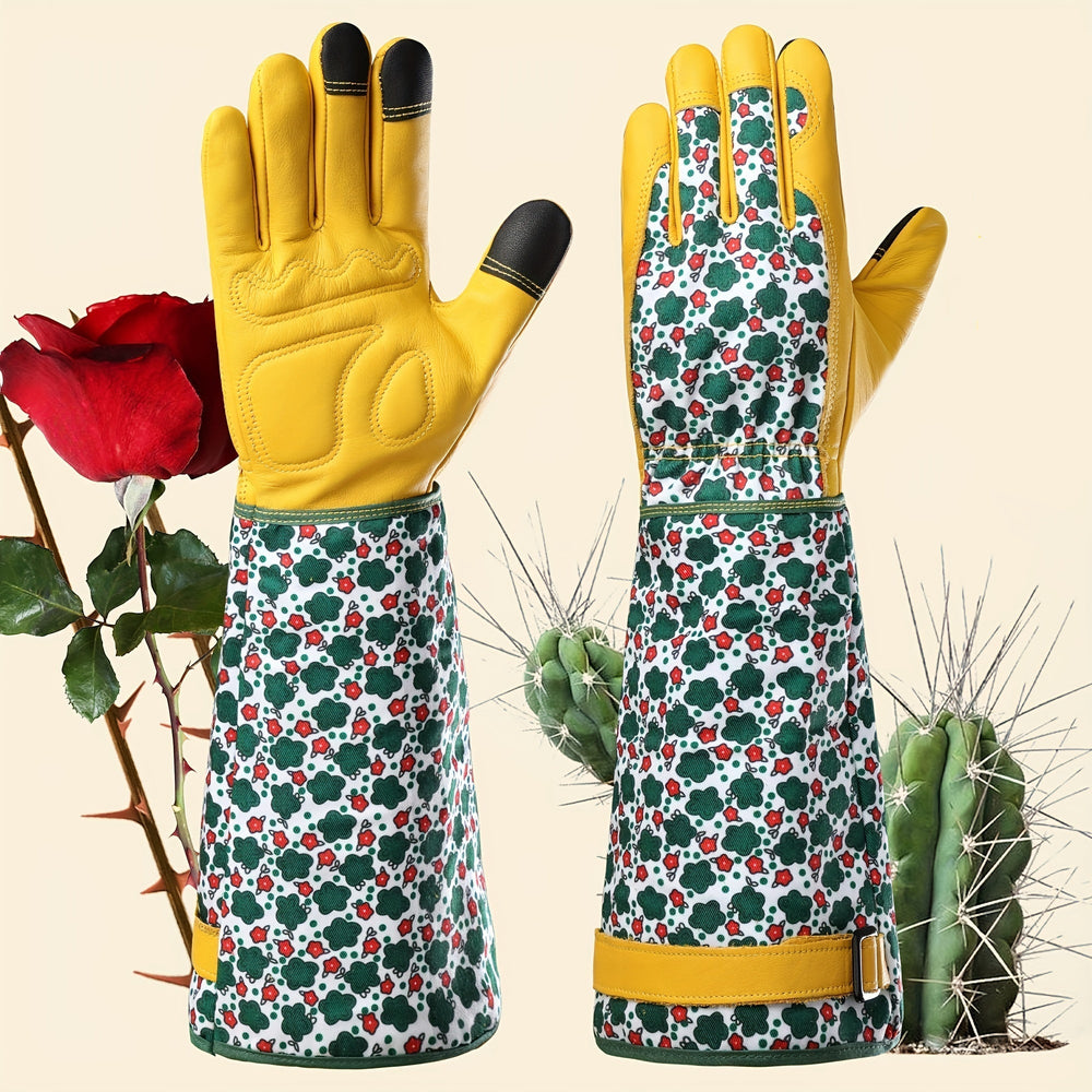 Guanti da giardinaggio da donna – Guanti resistenti in pelle bovina anti-spine con stampa floreale verde e funzione touchscreen, accessorio traspirante per lavori in giardino 1