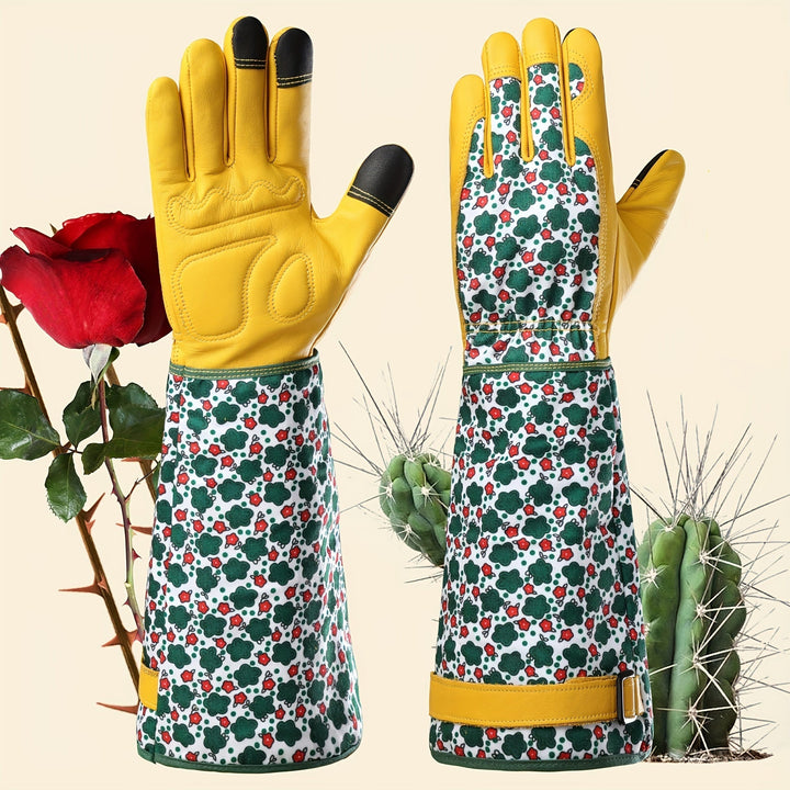 Guanti da giardinaggio da donna – Guanti resistenti in pelle bovina anti-spine con stampa floreale verde e funzione touchscreen, accessorio traspirante per lavori in giardino 1
