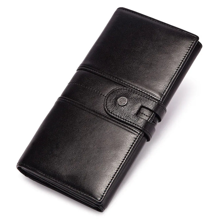 Portafoglio lungo in pelle nera elegante, chiusura a bottone, design classico, accessorio moda uomo e donna, alta qualità artigianale.