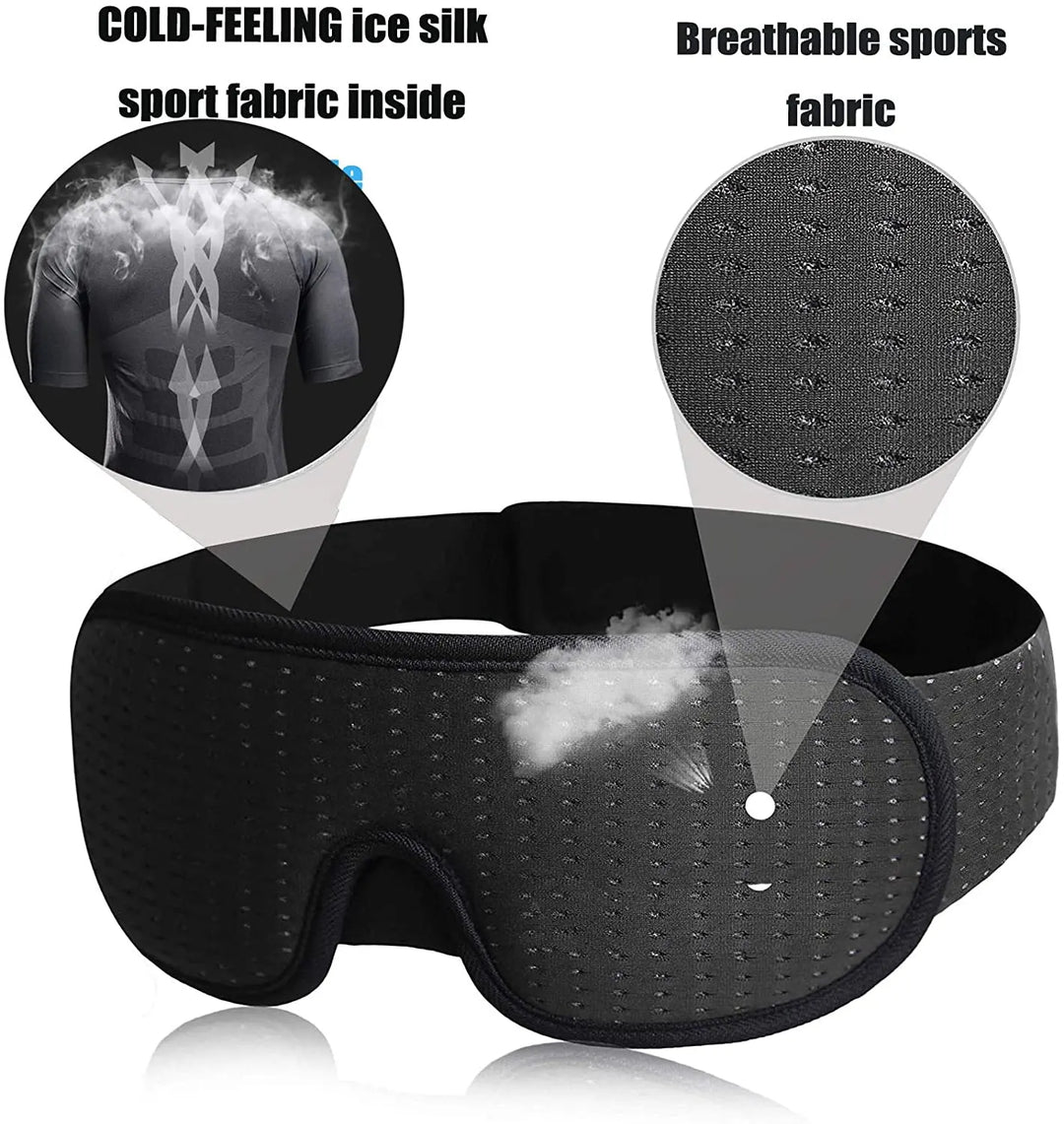 Maschera per dormire in tessuto sportivo traspirante, nero, con tecnologia ice silk, design ergonomico, ideale per comfort e relax notturno.