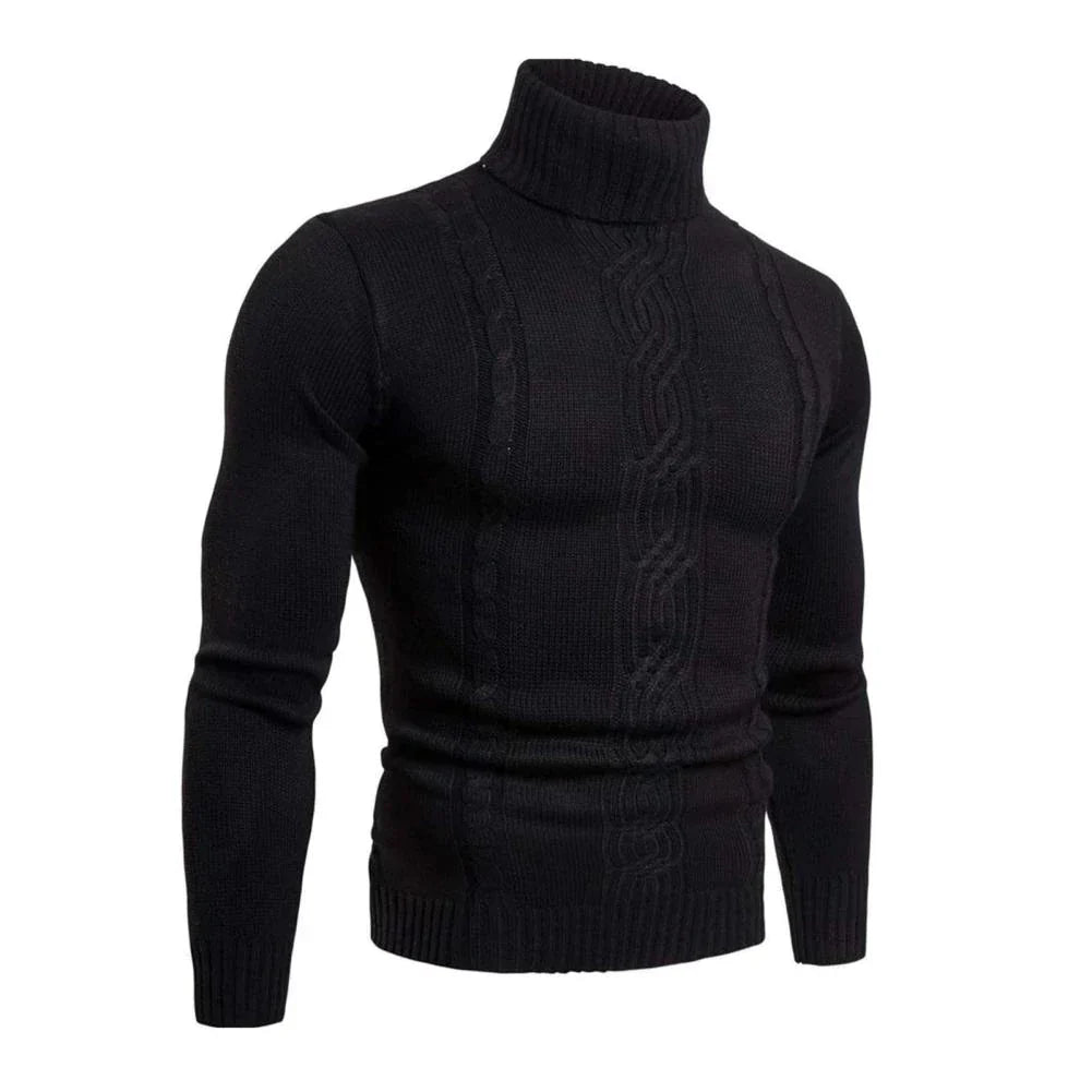 Maglione nero a collo alto da uomo, lavorato a maglia con motivo a trecce, maniche lunghe, elegante e caldo, ideale per l'inverno.