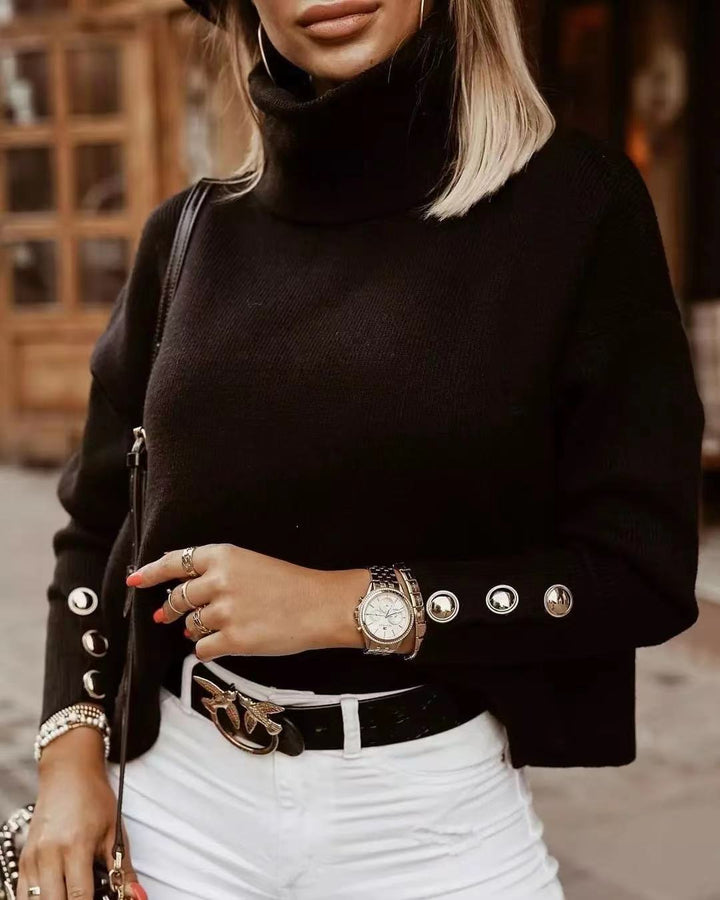 Maglione Donna Collo Alto Maniche Lunghe Bottoni Casual