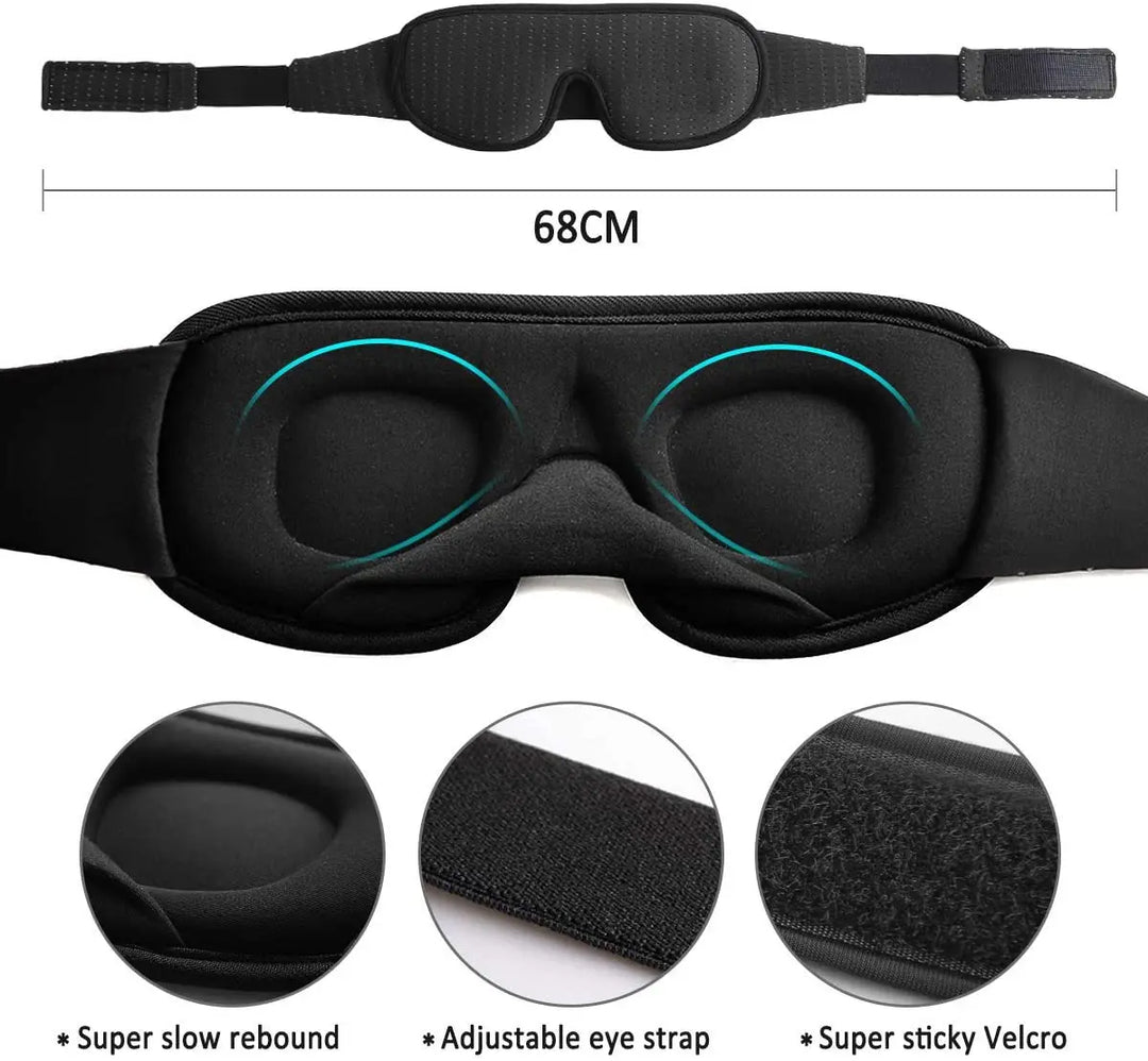 Maschera per dormire nera 3D, 68 cm, con cinturino regolabile, memory foam a lento rimbalzo, chiusura in velcro super adesiva, comfort occhi.