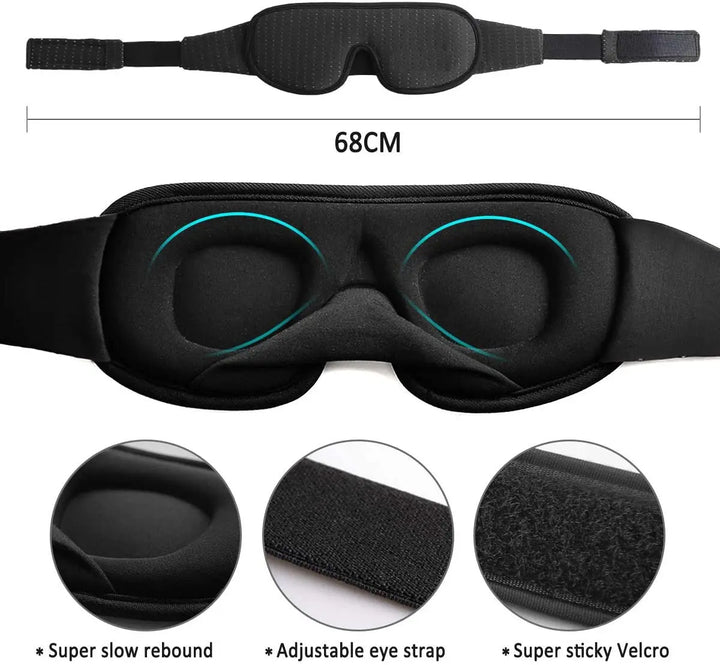 Maschera per dormire nera 3D, 68 cm, con cinturino regolabile, memory foam a lento rimbalzo, chiusura in velcro super adesiva, comfort occhi.