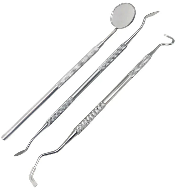 Set di strumenti dentali in acciaio inox, specchietto e sonde, per igiene orale professionale, odontoiatria, pulizia dentale, strumenti dentistici.