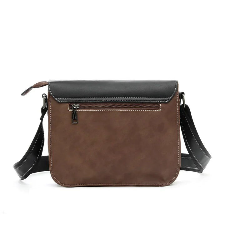 Borsa a tracolla in pelle marrone e nera, con cerniera frontale e cuciture bianche. Design elegante e pratico per uomo e donna.