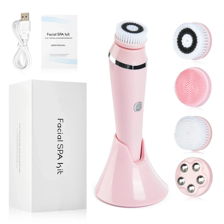 Set pulizia viso elettrico rosa con spazzola rotante, 4 testine intercambiabili, base di ricarica, cavo USB e manuale. Kit cura della pelle.