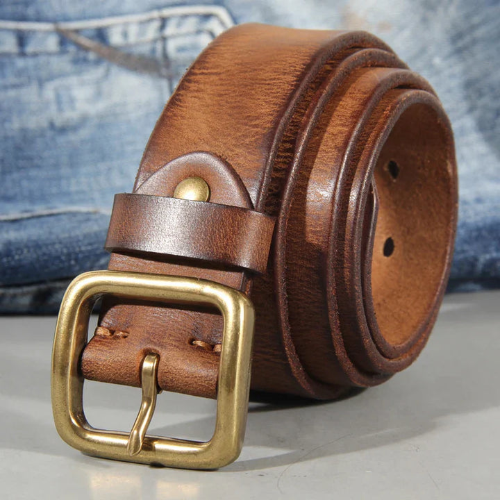 Cintura Uomo Pelle Vacchetta Artigianale Fibbia Ottone Massiccio - Vesarelli