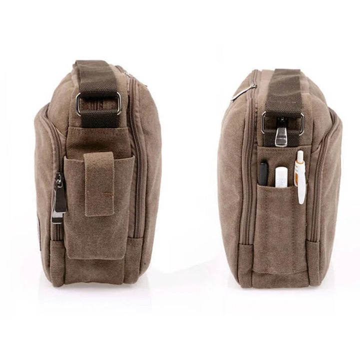 Borsa a tracolla in tela marrone con tasche laterali, cerniera robusta, design compatto, ideale per uomo e donna, perfetta per lavoro e viaggio.
