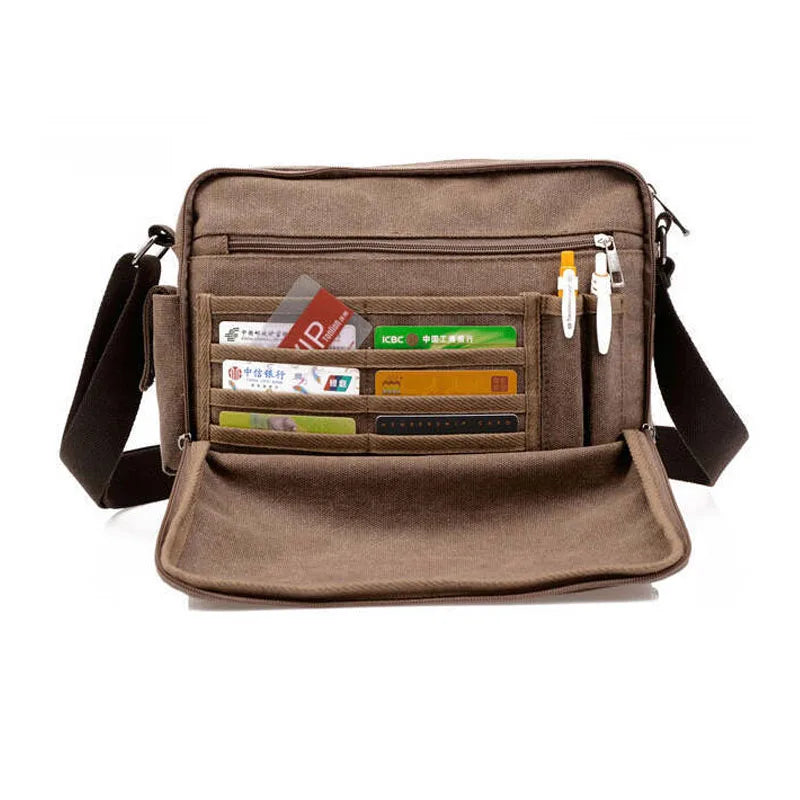 Borsa a tracolla in tela marrone con tasche multiple, scomparti per carte di credito e penne, ideale per lavoro e viaggio. Design pratico e resistente.