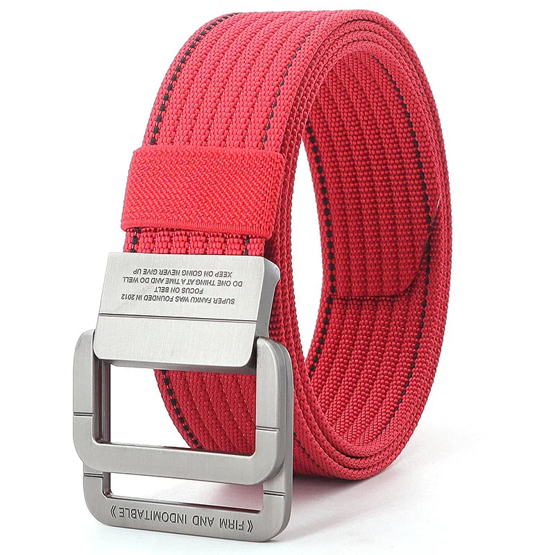 Cintura Unisex in Tela Rigata Casual con Fibbia Doppio Anello