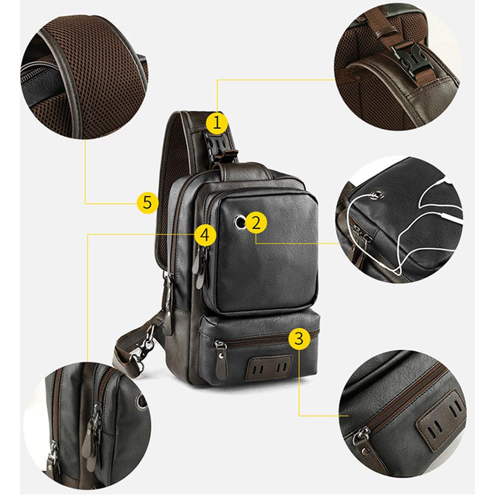 Zaino in pelle marrone con porta USB, tasche multiple, cerniere resistenti e spallacci regolabili. Design elegante e funzionale per viaggi e lavoro.