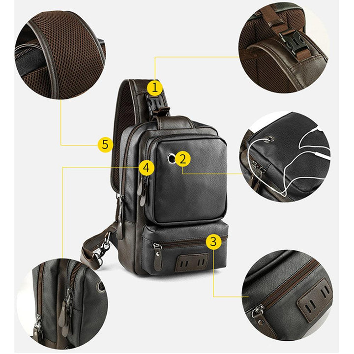 Zaino in pelle marrone con porta USB, tasche multiple, cerniere resistenti e spallacci regolabili. Design elegante e funzionale per viaggi e lavoro.
